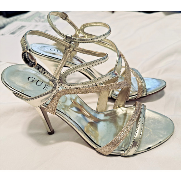 GUESS Gold High Heels dress shoes strappy stilettos sz 6M party wedding 4" - Picture 1 of 8